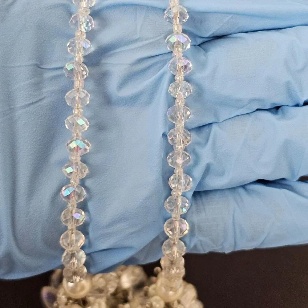 Crystal Faceted Glass Faux Pearl Cluster Y Statement Necklace Prism Drippy‎ Bead